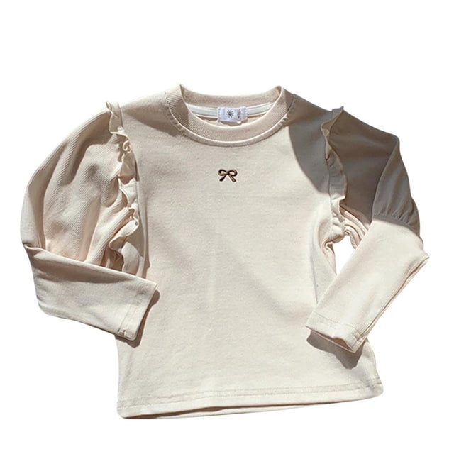 vdgthytj Toddler Baby Girls Long Sleeve Shirts Cute Ruffle Bowknot Embroidered Crew Neck Basic Tops Layering Tees