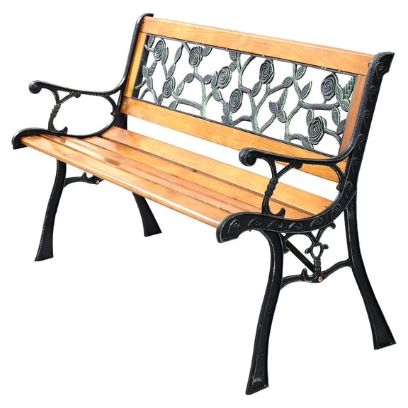 Topbuy Banc de Jardin en Fer pour Porche et Allée, Chaise en Bois Dur pour Patio, Parc, Terrasse Extérieure