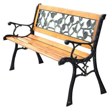 Topbuy Banc de Jardin en Fer pour Porche et Allée, Chaise en Bois Dur pour Patio, Parc, Terrasse Extérieure