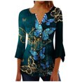thumbnail image 1 of CEHVOM T-shirts Plissés Basiques à Manches 3/4 Trompette Imprimée Boutonnée pour Femmes en Solde, 1 of 5