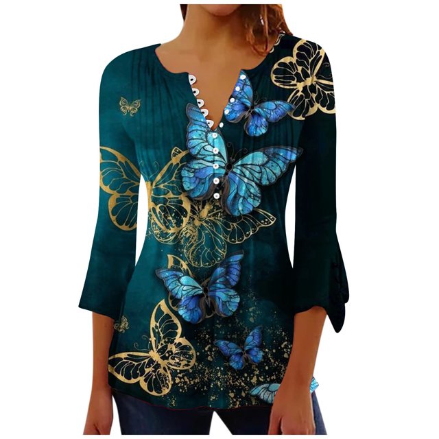 CEHVOM T-shirts Plissés Basiques à Manches 3/4 Trompette Imprimée Boutonnée pour Femmes en Solde