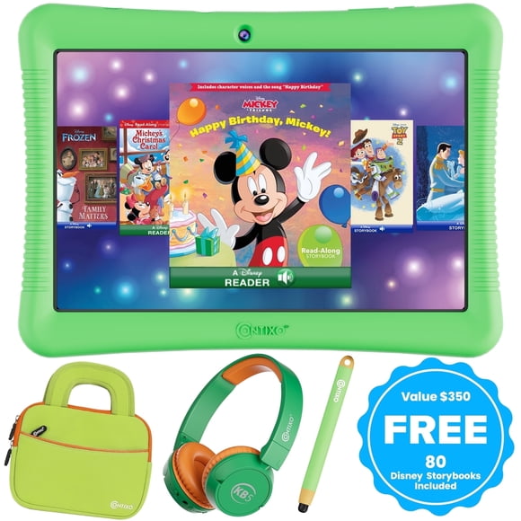 Contixo 10" Kids Tablet Bundle, 80 FREE Disney eBooks, Bluetooth Headphones, Case, Stylus, 32GB, Parental Controls, Tablet for kids 3-7 - Green