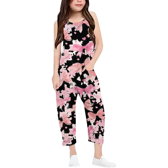 Girls Overall Bow Print Jumpsuits Rompers for Girls Sleeveless Rompers with Pockets Girl Clothes 5-6 Y
