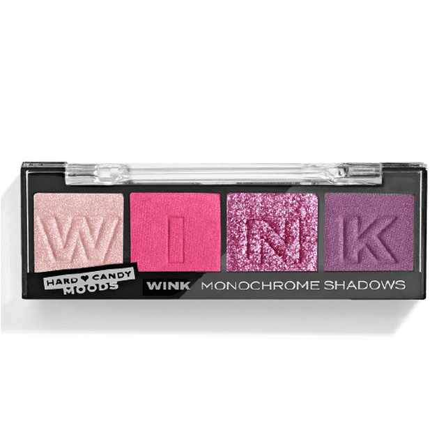 Hard Candy, Moods Shadow Palette, 4 Bold & Buildable Monochromatic Shades, WINK, .10oz, black rectangular compact with clear lid showing four pink and purple monochrome eyeshadows embossed with W, I, N, K letters, including a glitter shade, featuring blendable, high-pigment formula for versatile eye looks.