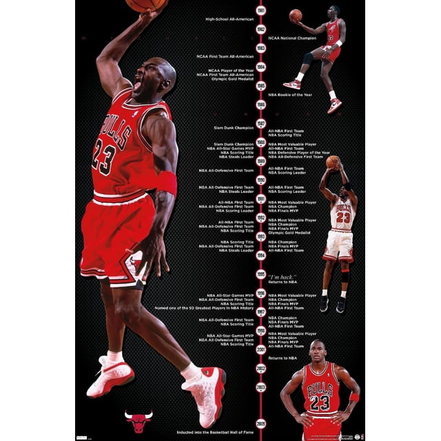 Michael Jordan - Timeline Wall Poster, 22.375" x 34" Framed displaying a vertical timeline of Michael Jordan's basketball career highlights from 1981 to 2009, including NCAA championships, NBA MVP awards, scoring titles, and Hall of Fame induction. The poster features multiple images of Jordan in Chicago Bulls uniforms performing basketball moves on a black textured background with red and white timeline details.