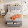 thumbnail image 3 of Full Size Bed Frame with Storage Headboard, Wooden Full Bed Frame with Charging Station, Metal Platform BedFrame with Large Drawers, No Box Spring Needed, Easy Assembly, Beige, 3 of 7