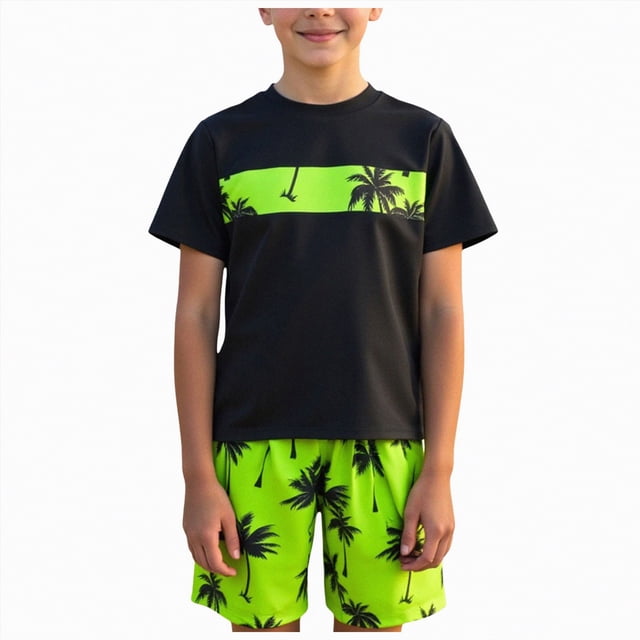 Gubotare Boys Rashguard Swim Set, a two-piece outfit with a short-sleeve black swim shirt featuring a palm tree print and green swim trunks with matching palm tree patterns. Made from quick-drying polyester with UPF 50+ sun protection, this athletic rash guard set is perfect for boys aged 16 years engaging in swimming, surfing, or other beach activities.