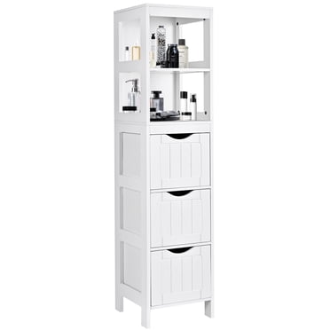 Tall Bathroom Cabinet, Slim Storage Cabinet, Narrow Floor Cabinet with 3 Drawers and 2 Tier Shelf, Freestanding Linen Tower, White