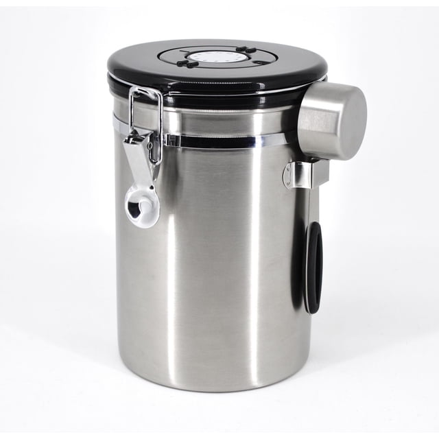 Ma Maison Contenant à Café en Acier Inoxydable 1,9 L (64 oz) Contenant de Rangement pour Café Hermétique en Acier Inoxydable avec Pince et Cuillère de 30 ml (1/8 Tasse) Incluse. valve Unidirectionnelle de Libération de Dioxyde de Carbone, Cadran de date Intégré et Joint en silicone Hermétique; Lavage à la Main Seulement, Empilable. Utilisé Souvent comme Rangement compact pour Thé en Vrac Ou Dosettes à Portion Individuelle.