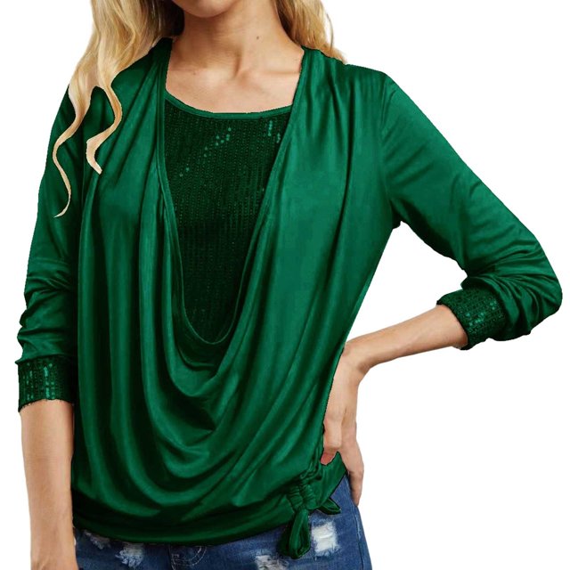 T-shirts pour Femmes à Manches Longues Pailletées, Amples pour Sortir, Vert TTG