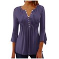 thumbnail image 1 of Timegard Tops d'Été Femmes Plissé Cranté Col en V Flare Manches 3/4 Confortable T-Shirts Haut Décontracté, 1 of 5