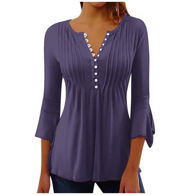Timegard Tops d'Été Femmes Plissé Cranté Col en V Flare Manches 3/4 Confortable T-Shirts Haut Décontracté