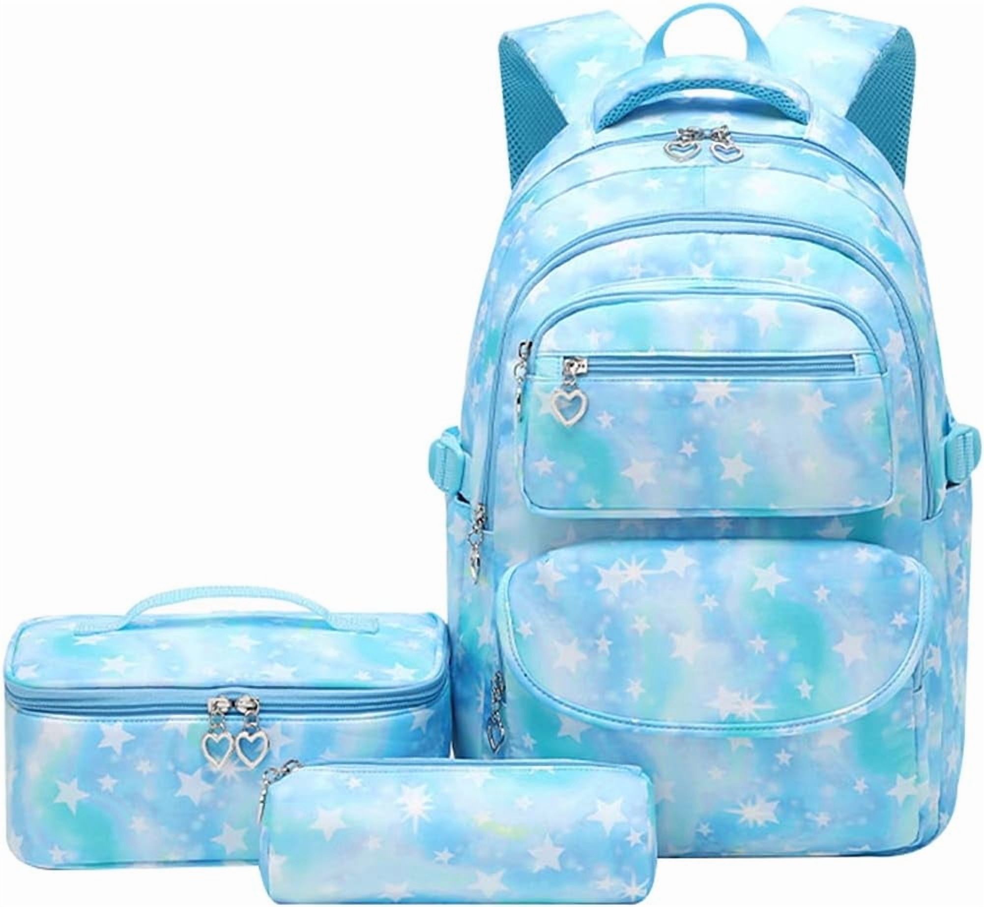 School Backpack Sets 3pcs Stars Prints Daypack Primary School Students with Insulated Lunch Bag and Pencil Case-blue-