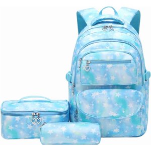 Ensembles de sacs à dos scolaires 3pcs Stars imprime Daypack Etudiants de l'école primaire avec sac à lunch isolé et boîtier de crayon bleu-