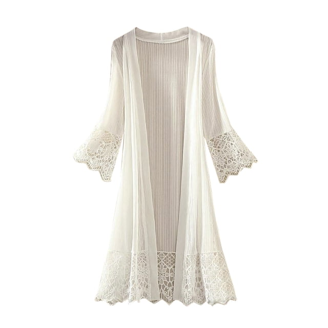 Women Solid Color Lace Cardigan Open Front Shrug Hollow Patchwork Sheer Short Sleeve Long Cover-Up Blouse Tops