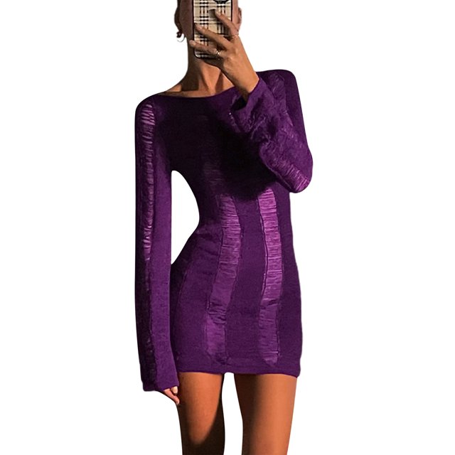 Fortune Women Knitted Cutout Short Dress Summer Backless Long Sleeve Wrapped Mini Dresses