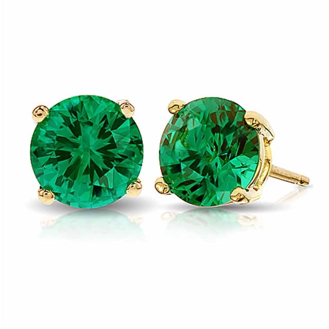 Paris Jewelry 14k Yellow Gold Push Back Round Created Emerald Stud Earrings, featuring 4mm round green created emerald gemstones set in yellow gold with a push-back closure. A classic and timeless design suitable for women of all ages.