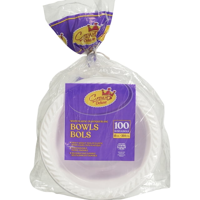 PLASTIC BOWLS 12OZ Crown Deluxe 100-pack of white heavy-weight plastic bowls with 12 oz (354 ml) capacity, durable and reusable, packaged in a clear plastic bag with purple and yellow branding, ideal for dining and entertaining.