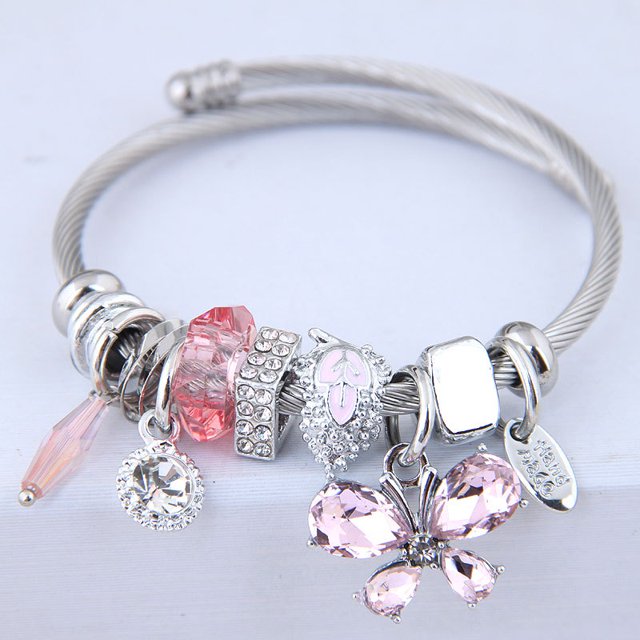 Women Stainless Steel Crystal butterfly Charms Bracelets Wire Cable Rhinestones Disco Ball Open Adjustable Cuff Bangle Jewelry