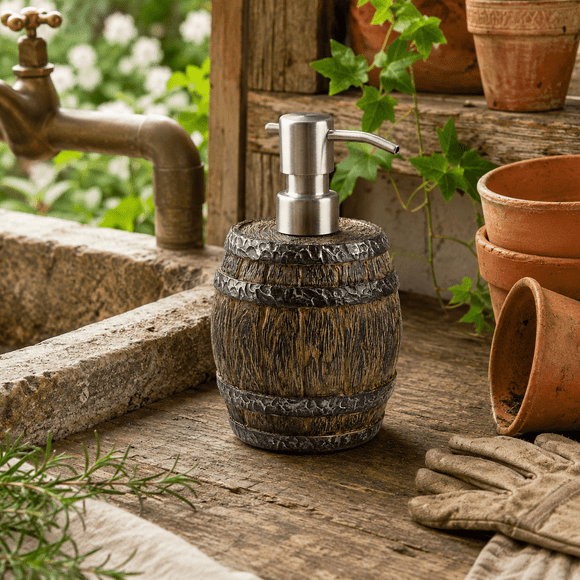 Rustic Whiskey Barrel Soap Dispenser, 13.5 oz Resin Hand Soap Pump with Brushed Stainless Steel Pump, Farmhouse Bathroom Kitchen Sink Decor, 400ml