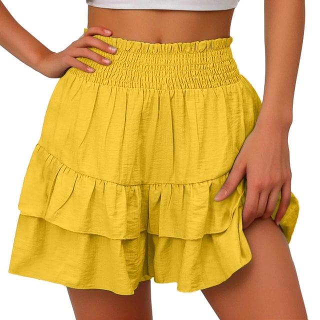 Timegard Wide Leg Shorts for Women Elastic Waisted Smocked Ruffle Bottom Flowy Lounge Shorts Beach Wear