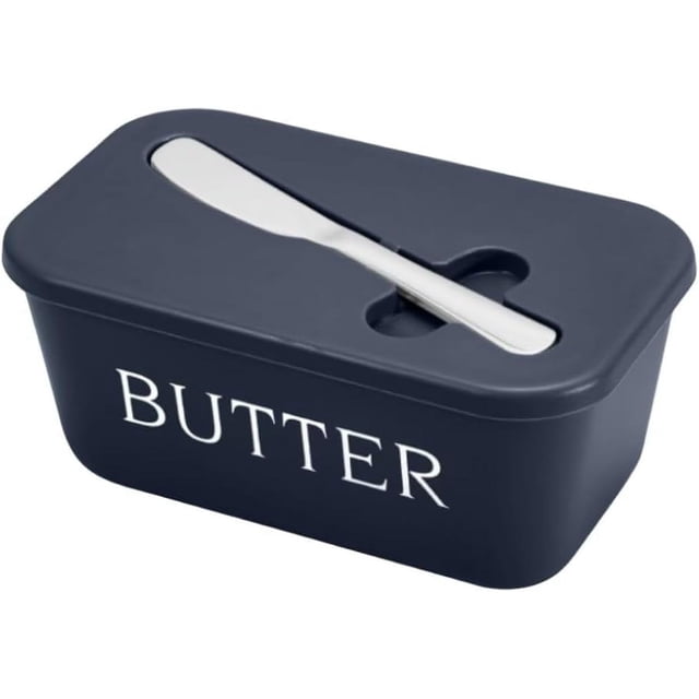 Todaioua Butter Dish with Lid, a large plastic butter keeper container in a dark colour with 'BUTTER' written on the front. The lid features a slot holding a butter knife. Designed for countertop use, it provides sealed storage to lock in freshness and is suitable for butter, cheese, and other ingredients. Compact and portable, it fits easily in refrigerators or lunch boxes, making it ideal for home kitchens, picnics, and camping.