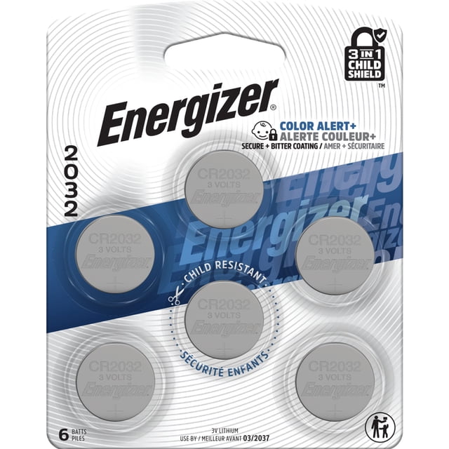 Energizer 2032 Piles, Lot de 6, avec six Piles au lithium 3 V Argentées, dans un Emballage Résistant aux Enfants, avec Alerte Couleur, plus Revêtement Amer et Bouclier Enfant 3-en-1, Idéal pour Porte-Clés, Télécommandes et Jouets.