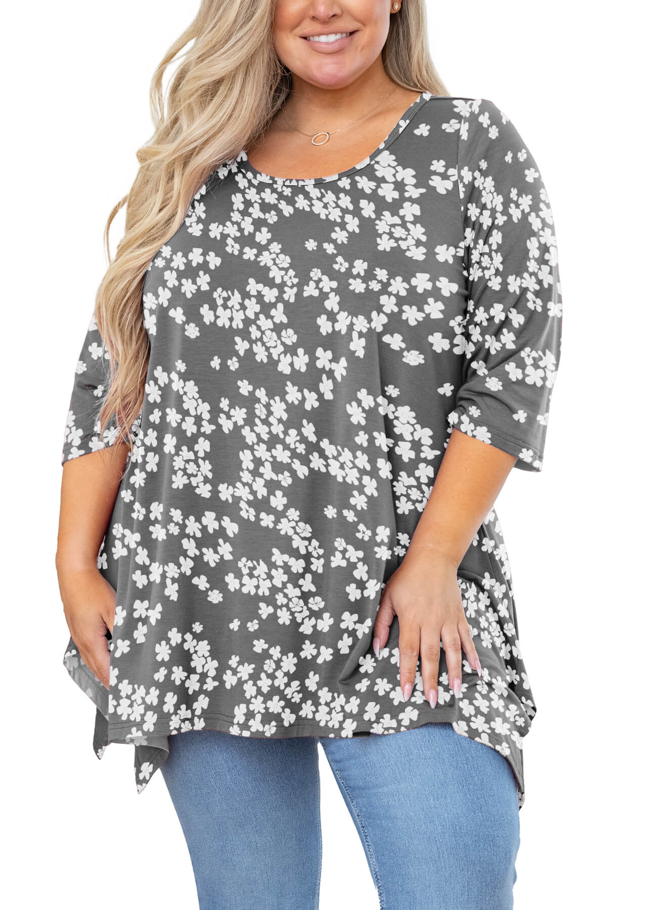 SHOWMALL Tunique Grande Taille pour Femmes Blouse Manches 3/4 Vêtements Grey Sakura 2X Haut Évasé Col Rond Maternité Ample