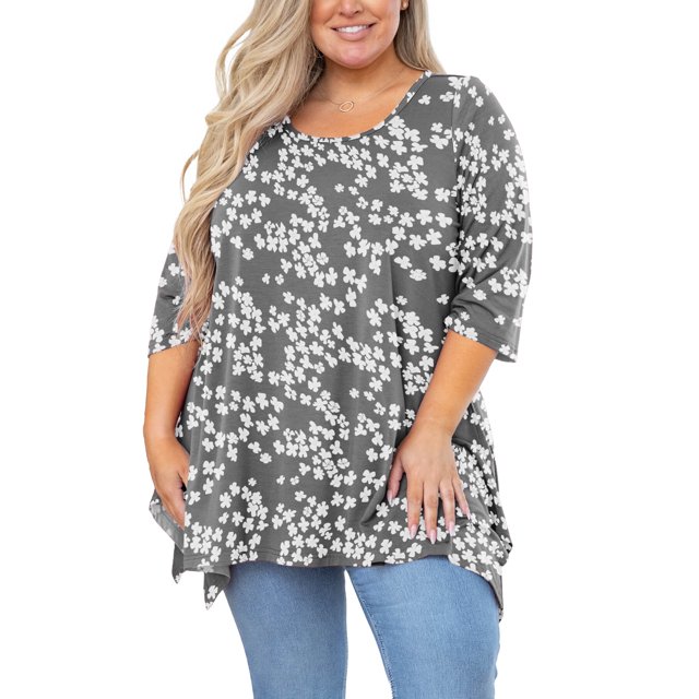 SHOWMALL Tunique Grande Taille pour Femmes Blouse Manches 3/4 Vêtements Grey Sakura 2X Haut Évasé Col Rond Maternité Ample