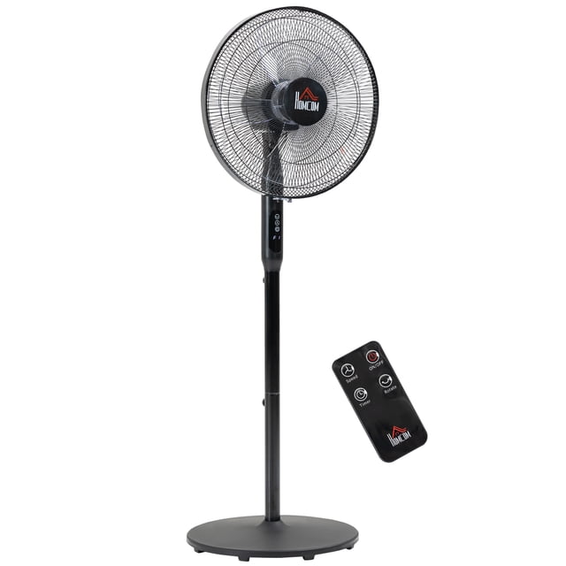HOMCOM Ventilateur sur Pied Oscillant avec Télécommande en Noir. Doté d'Un design Autoportant avec Hauteur Réglable, oscillation à 85 Degrés et angle d'Inclinaison vers le Haut et vers le Bas de 8° pour un Flux d'Air Personnalisable. Comprend un Panneau de Commande et une Télécommande pour Gérer 3 Réglages de Vitesse, une Minuterie de 18 Heures, et une oscillation. Fabriqué en Matériaux ABS et PP avec une base Ronde Robuste. Convient à la Maison Ou au Bureau. Dimensions : Cordon d'Alimentation de 17,75 Pouces, Profondeur de 16,5 Pouces et Hauteur Réglable de 27,5 à