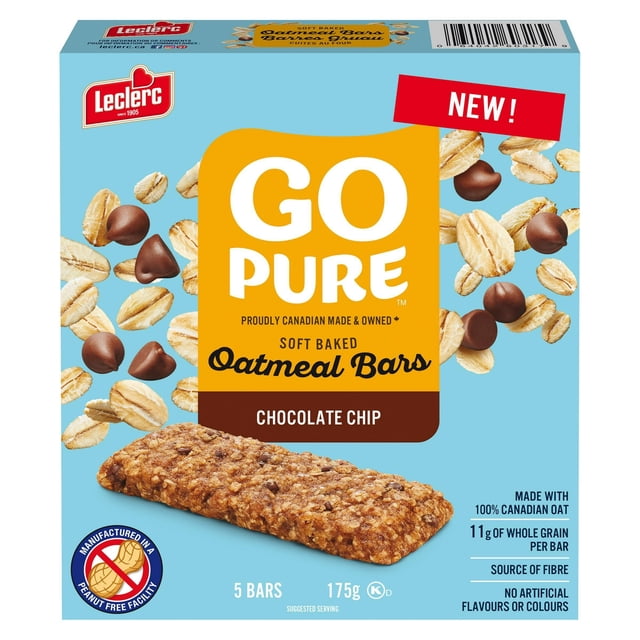 Go Pure Oat Soft Baked Chocolate Chip Bars box with five bars displayed on a blue background featuring scattered oats and chocolate chips, made with 100% Canadian oats and 11g whole grain per bar, peanut-free certified, no artificial flavours or colours, ideal for a wholesome snack.