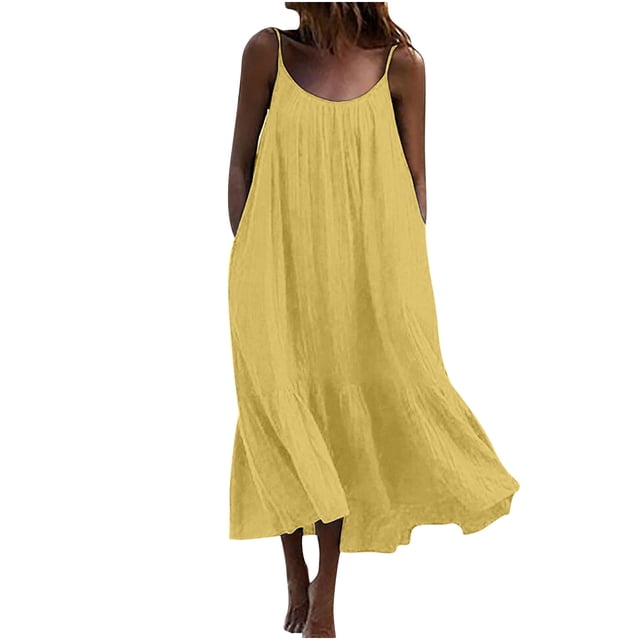 Robe Maxi pour Femmes Décontractée d'Été Sans Manches à Bretelles Spaghetti, Robe Soleil à Volants à Étages Fluide de Plage Boho Longue