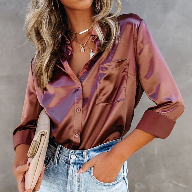 Jsaierl Womens Satin Silk Button Down Shirts Solid Color Lapel Collar Basic Blouses Long Sleeve Work Business Tops with Pockets