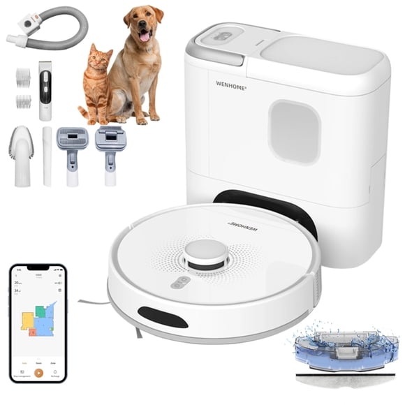 Wenhome X1 Pro 3-en-1: Aspirateur, Vadrouille et Station de Toilettage pour Animaux avec Vidange Automatique, Navigation Lidar à 360°, Cartographie de la Maison, Contrôle Wi-Fi/application/Alexa/Google Assistant, Blanc