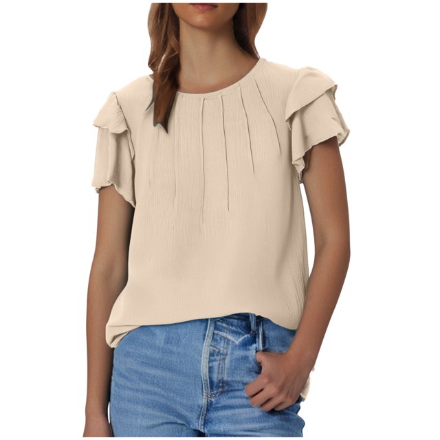 Plebaso Hauts d'Été pour Femmes à Volants Manches Courtes Blouses Décontractées Col Rond Couleur Unie Chemises Amples pour Femmes