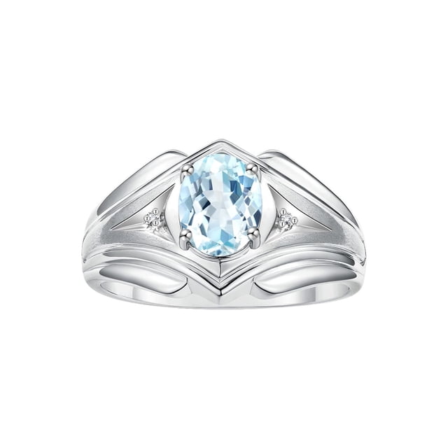 RYLOS Men's Rings 14K White Gold Rings Classic Designer Style 9X7MM Oval Gemstone & Diamond Ring Aquamarine March Birthstone Rings For Men Size 8