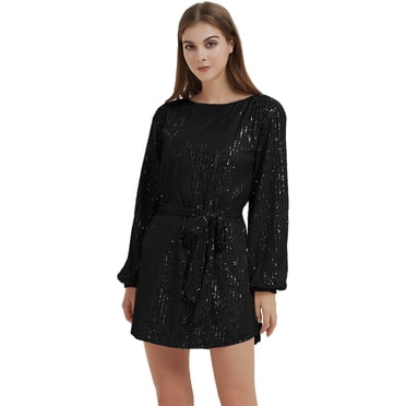 Robe de Soirée à Paillettes Scintillantes pour Femme, Manches Longues, Col Ras du Cou, Élégante, Ample, Robes Mode, Noir, Grand