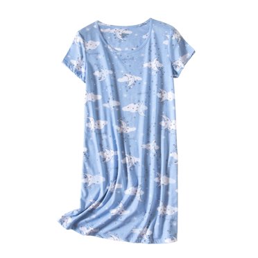 Inadays Chemise de Nuit en Coton pour Femme, Vêtement de Nuit à Manches Courtes, Robe de Nuit Décontractée à Imprimé, Pyjama Ample et Confortable