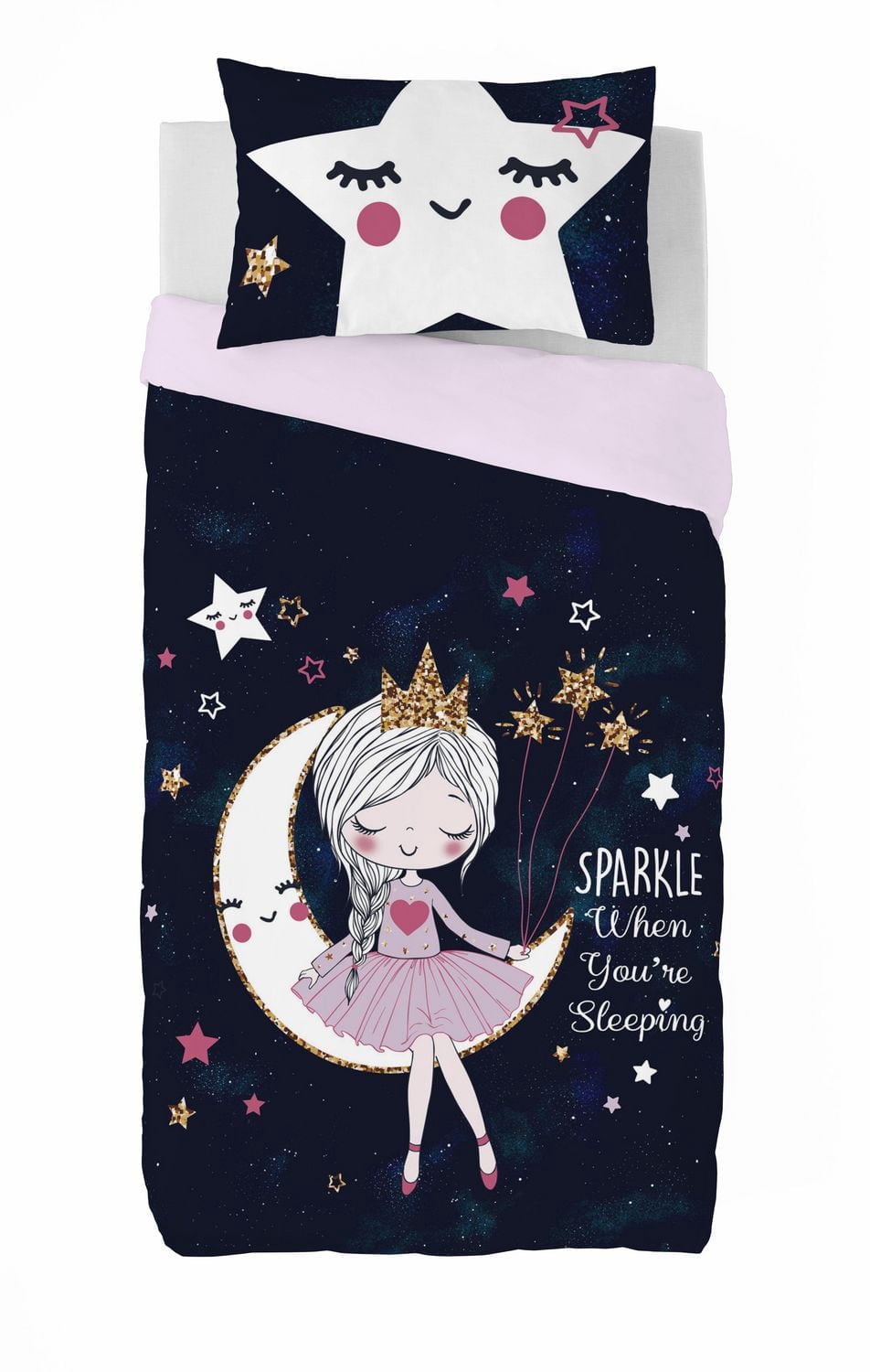 Ensemble de housse de couette 2 pièces Lesha de Gouchee Home – Imprimé Magical Moon & Princess, literie réversible en coton pour enfants