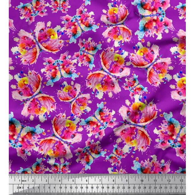 Soimoi Purple Silk Fabric Insect Watercolor Print Sewing Fabric BTY 42 Inch Wide