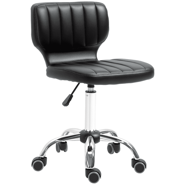 HOMCOM Tabouret Roulant en Cuir PU à Hauteur Réglable, Tabouret de Salon pour Spa Noir avec un Siège et un Dossier en Cuir PU Noir Élégants avec Surpiqûres Verticales. le Tabouret Est Supporté par une base en Acier Argenté durable avec Cinq Roulettes pour la Mobilité. Il Comprend un Mécanisme à Hauteur Réglable et un Siège Pivotant à 360°, Idéal pour une Utilisation dans les salons, spas, Bureaux et Cliniques.