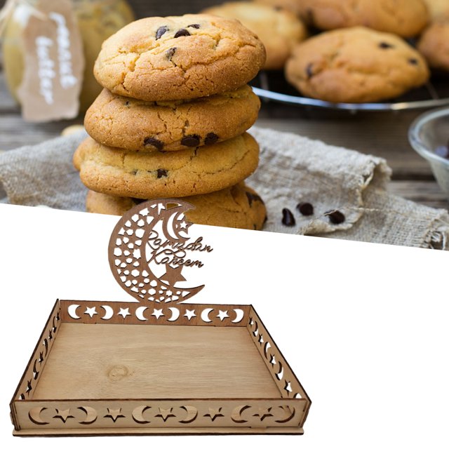 Neinkie Ramadan Wooden Tray Eid Plates for Home,Eid Mubarak Food Tableware Tray Ramadan Decorations for Table Wooden Tray Dessert Display for Ramadan Table Decoration