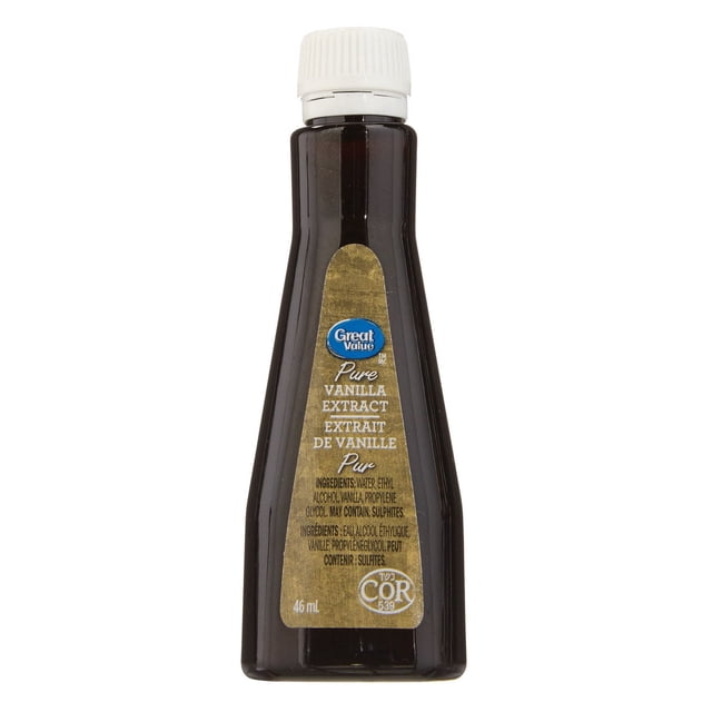 Great Value Pure Vanilla Extract in a 46 ml dark brown plastic bottle with a white ribbed screw cap, labeled in English and French with ingredients including water, ethyl alcohol, vanilla, and propylene glycol, ideal as a baking ingredient to add flavour and aroma.
