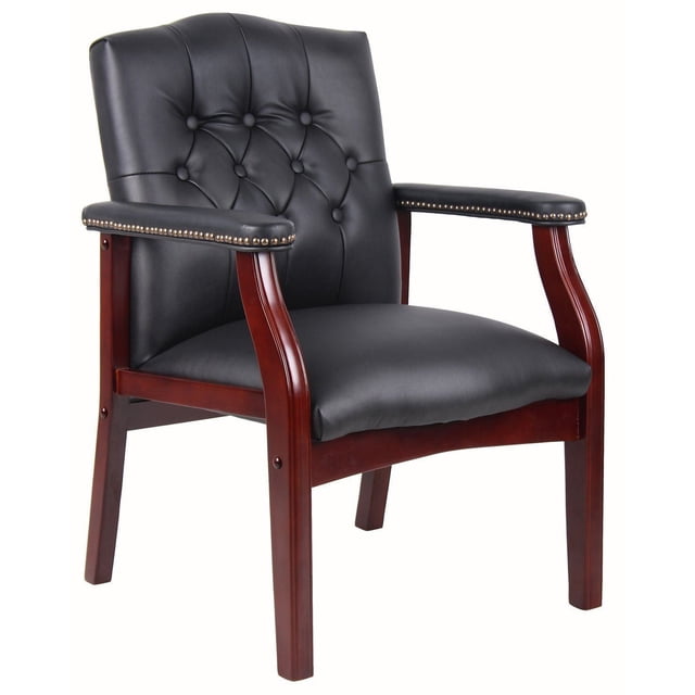 Nicer Furniture Interior Guest Chair with black button tufted Caressoft vinyl upholstery, mahogany wood finish frame, hand-applied brass nailhead trim, thickly padded non-sag spring seat and back, arm height 25-inch, seat size 20 by 19 inches, seat height 18-inch, ideal for reception and conference rooms.