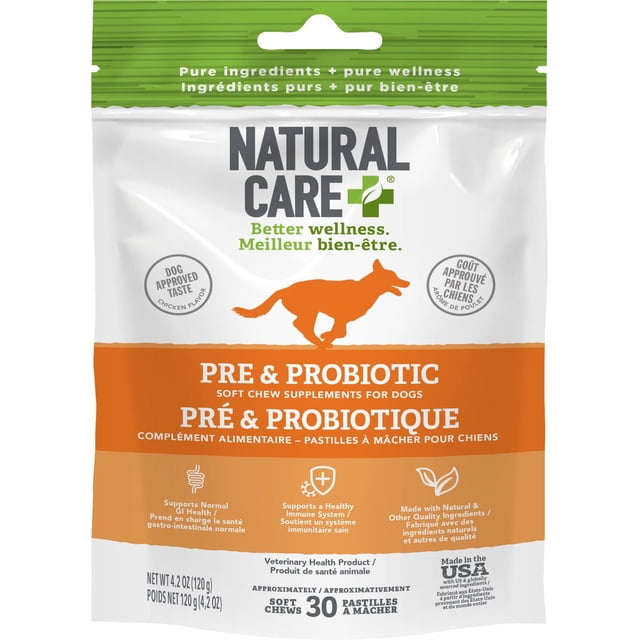 Natural Care Pre & Probiotic Chicken Daily Chews Dog Supplement package containing 30 soft chews that support normal gastrointestinal health and a healthy immune system in dogs, made with natural ingredients and chicken flavor, suitable as a daily dog supplement for digestive and immune support.