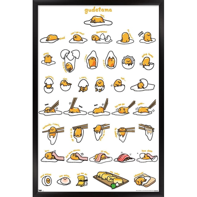 Gudetama - Grid Wall Poster, 14.725" x 22.375" framed featuring a grid of cartoon Gudetama egg character illustrations in various lazy and humorous poses with captions on a white background, ideal wall art for home décor, dorm rooms, or offices.