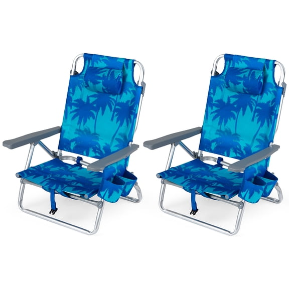 Patiojoy Lot de 2 Chaises de Plage Pliantes Type Sac à Dos, Chaises Inclinables d'Extérieur à 5 Positions avec Oreiller, Bleu Foncé