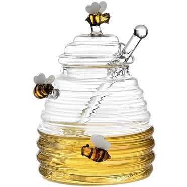 Kyoffiie Pot à Miel en Verre Transparent Distributeur de Miel avec Bâton-Goutte et Couvercle Bouteille de Miel Grande Capacité Mignon Contenant Décoratif pour Miel Pot à Miel pour Cuisine Café Bar Pâtisserie