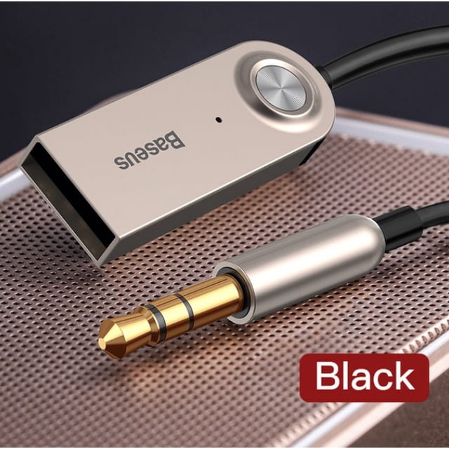 BASEUS USB Bluetooth Adapter Dongle Cable for Car with 3.5mm Jack Aux Bluetooth Receiver Speaker Audio Music Transmitter in black. Compact USB design with gold-plated 3.5mm audio jack for reliable connectivity. Converts car audio systems into Bluetooth-enabled devices for wireless audio playback and hands-free calls. Made with TPE wire material and bare copper core for durability and superior sound quality. Effective transmission distance up to 5m. Suitable for digital products and audio systems.