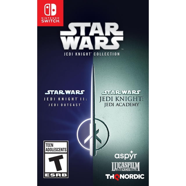 Star Wars TM Jedi Knight Collection Nintendo Switch game cover with a vertical split design featuring Star Wars Jedi Knight II : Jedi Outcast on the left dark blue side and Star Wars Jedi Knight : Jedi Academy on the right textured green side, including Aspyr, Lucasfilm Games, and THQ Nordic logos, rated Teen by ESRB.